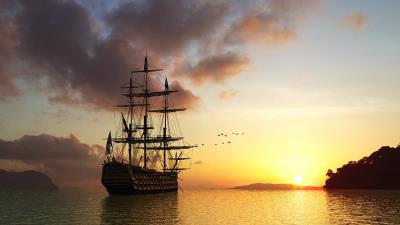 sun rising morning ship sea birds 4k wallpaper