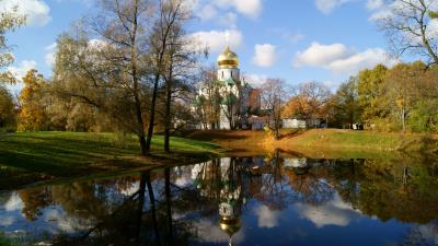 Temple church shrine dome lake autumn st petersburg 4k wallpaper