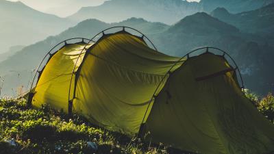 Tent mountains travel 4k wallpaper