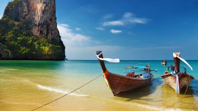 Thailand tropical beach boats 4k wallpaper