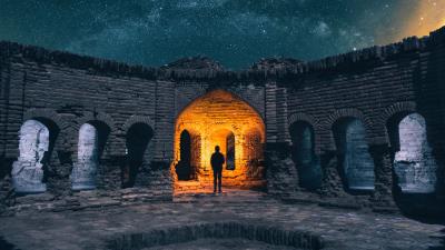 Ruins silhouette starry sky 4k wallpaper