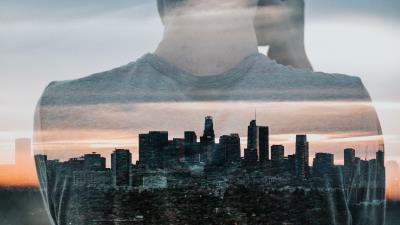 Silhouette city double exposure 4k wallpaper