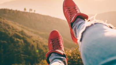 Sneakers legs red mountains 4k wallpaper