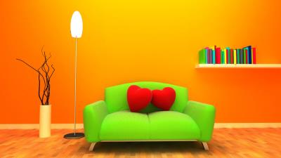 Sofa heart room 3d graphics orange background 4k wallpaper