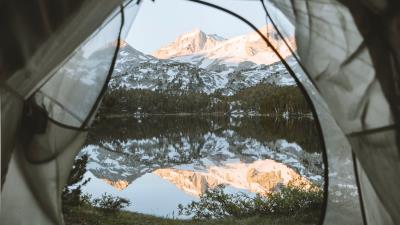 Tent mountains lake 4k wallpaper