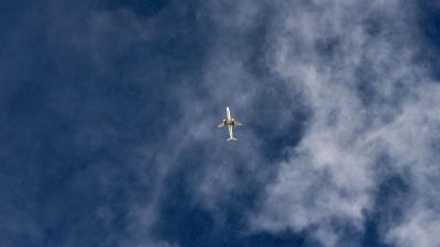 Airplane sky flight clouds bottom view 4k wallpaper