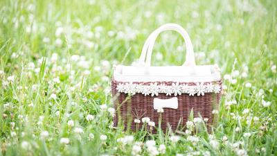 Basket flowers grass 4k wallpaper