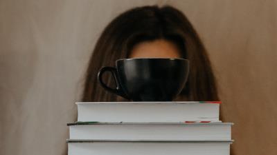 Books cup girl 4k wallpaper