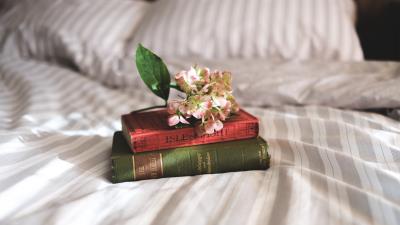 Books flowers bed inspiration 4k wallpaper