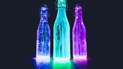 Bottles neon light liquid 4k wallpaper