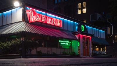 Building neon sign 4k wallpaper