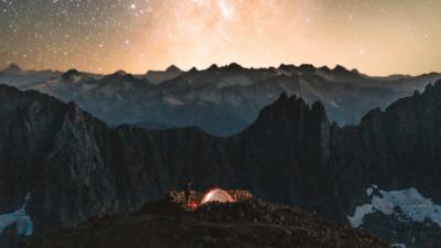 Camping tent starry sky 4k wallpaper