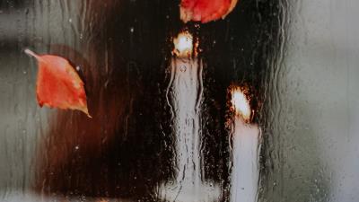 Candles leaves drops 4k wallpaper