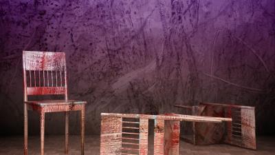 Chairs three tile purple background 4k wallpaper