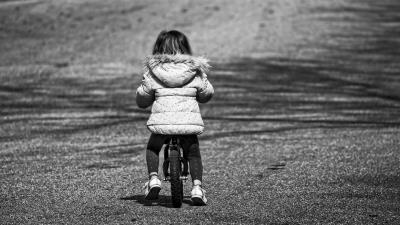 Child bicycle bw childhood 4k wallpaper