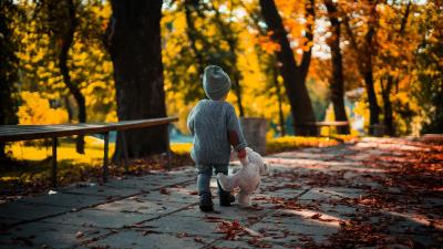 Child teddy bear autumn 4k wallpaper
