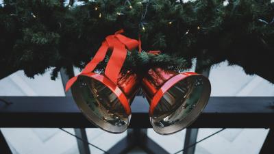 Christmas ornaments bells ribbon 4k wallpaper