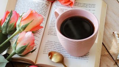 Cup book flowers 4k wallpaper
