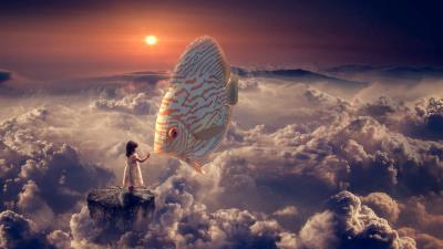 Fantasy girl fish clouds sky 4k wallpaper