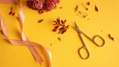 Flowers scissors pins 4k wallpaper
