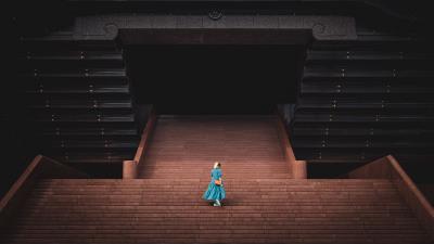 Girl stairs building 4k wallpaper