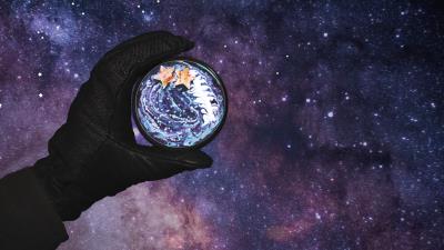 Hand space stars cup art 4k wallpaper