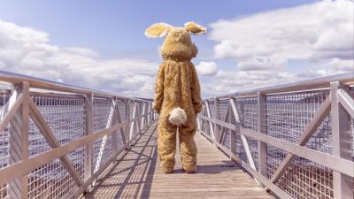 Hare costume bridge loneliness 4k wallpaper