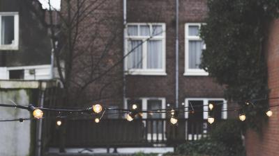 House lights windows yard 4k wallpaper