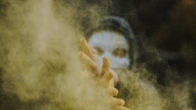 Mask hands colored smoke 4k wallpaper