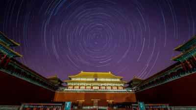 Pagoda building starry sky 4k wallpaper