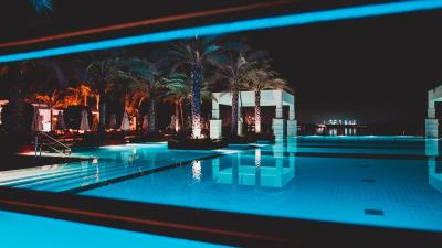 Pool palm trees rest 4k wallpaper