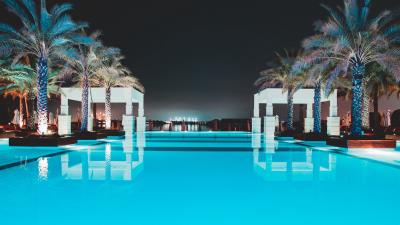 Pool water palm trees 4k wallpaper