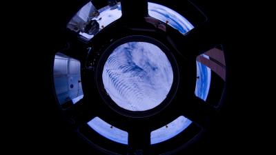 Porthole space clouds 4k wallpaper
