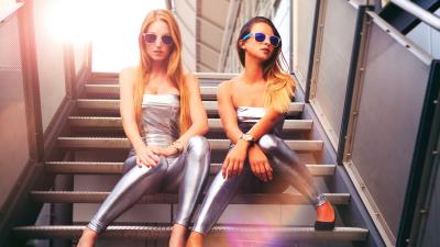 Silver dress girls sit at stairs glasses blonde 8k wallpaper