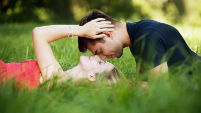 Stylish with romantic couple kiss on grass love 8k wallpaper