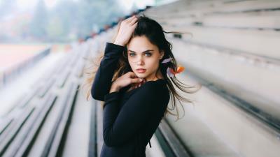 Women long hair blue eyes look bokeh 8k wallpaper