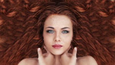 Women redhead face long hair curly hair look 8k wallpaper