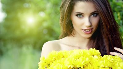 Girl yellow flowers beautiful 8k wallpaper