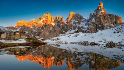 House Italy Mountain Reflection Snow Water 8k wallpaper