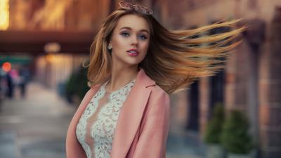 Pink dress fashion girl hair flying in wind 8k wallpaper