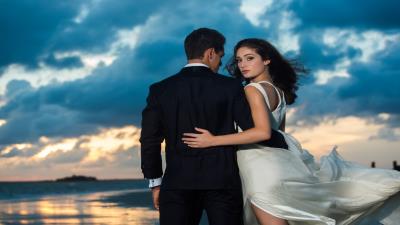 Wedding couple on beach hd wallpaper