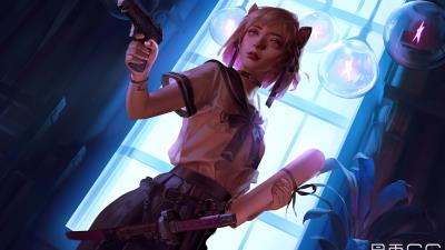 Anime elf girl with sword and gun 4k wallpaper