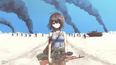 Anime girl with gun on war in afghanistan 4k wallpaper