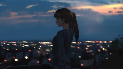 Anime girls cityscape brunette tying pony tail oq wallpaper