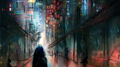 anime cyberpunk scifi city lights night buildings futuristic rq wallpaper