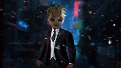 baby groot in suit 4k fe wallpaper