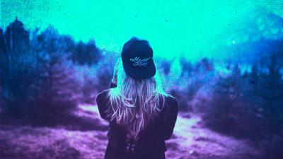 Blonde girl cap colorful cyan photography wallpaper