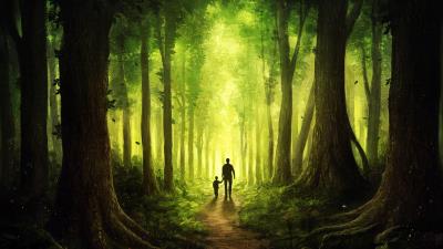Children walking with dad journey to forest wallpaper