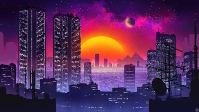 City retrowave sunset 4k wallpaper