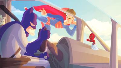 batman flying jet alongside superman spiderman 5i wallpaper